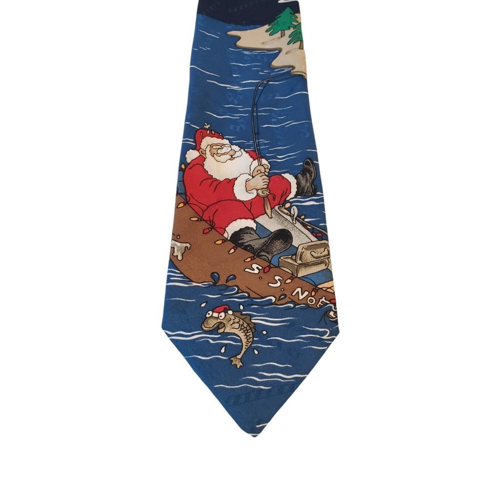 Hallmark Special Ties Mens Santa Fishing Blue Happy Holidays Christmas Outdoors